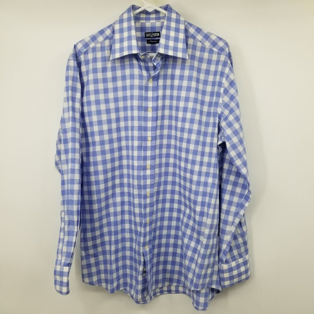 Cafe Coton‎ Exclusive Blue and White Plaid Button Down Dress Shirt 43 / 17